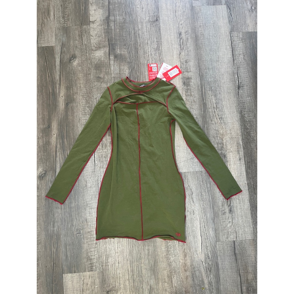 Diesel D-TINEST Cutout Mini Dress Olive Green Red Stitch XS A06302-0AFAA-5FJ